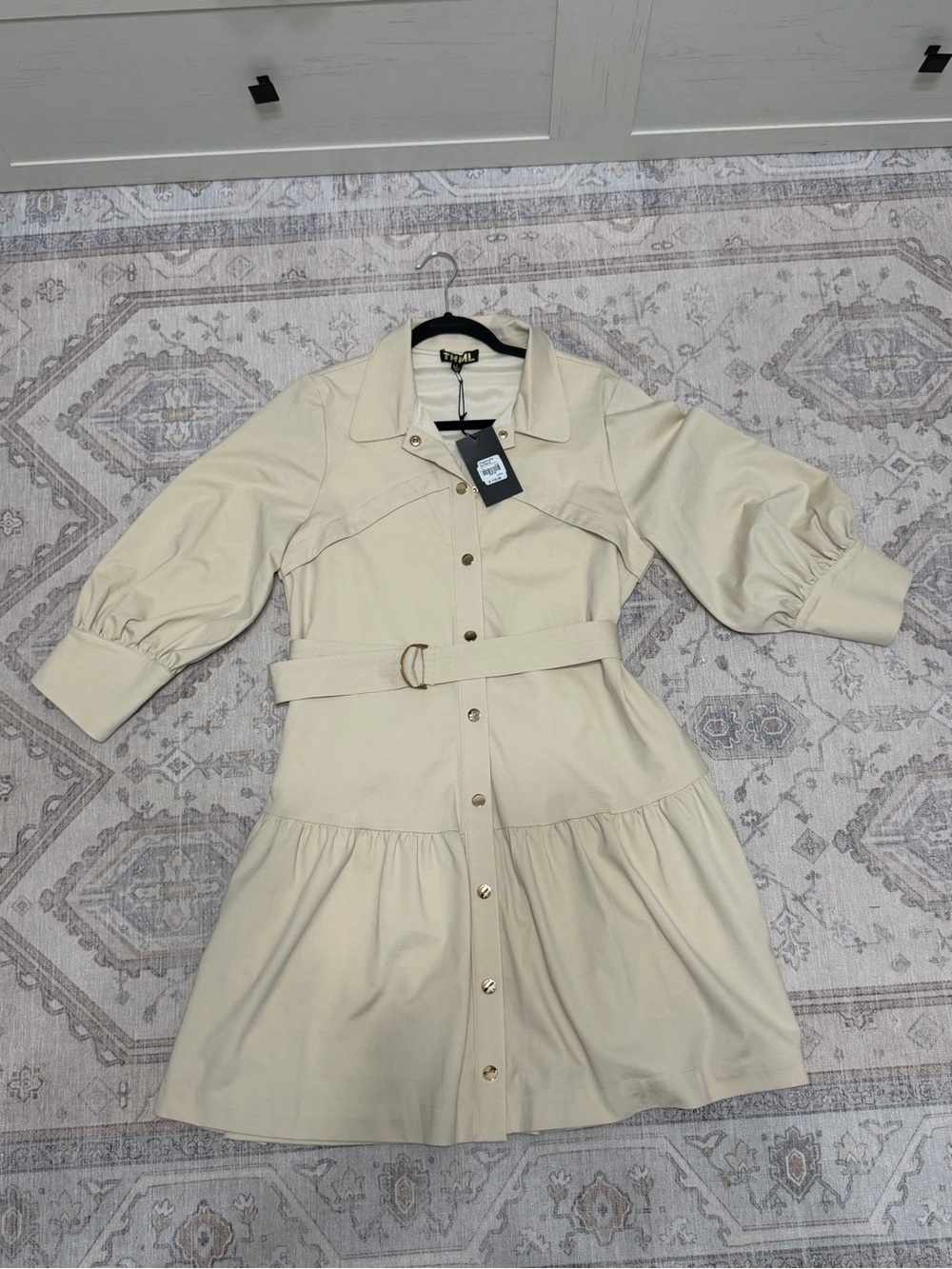 THML Cream Button-Front Belted Mini Dress